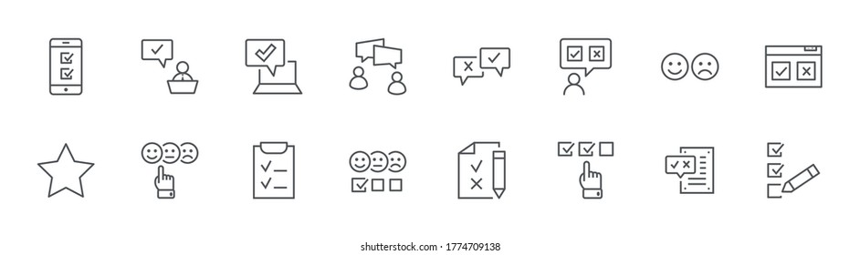 Survey Line Icons. Smile, Sad, Review, Click, Check, Opinion. Editable Stroke