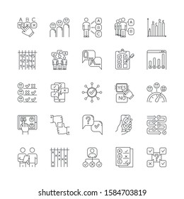 Survey linear icons set. Question and answer. Social poll. Group survey. Interview, feedback. Statistics analysis. Thin line contour symbols. Isolated vector outline illustrations. Editable stroke