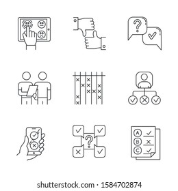Survey linear icons set. Satisfaction level. Online feedback. Like, dislike. Interview. Oral survey. Personal profile. Thin line contour symbols. Isolated vector outline illustrations. Editable stroke