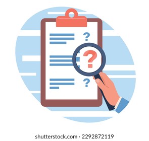 Survey, list of customer support questions. Examination document. Hand holding magnifying glass. Checklist form. People marketing feedback. Cartoon flat style isolated vector concept