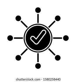 Survey mark glyph icon. Correct answer. Right checkmark. Approve mark, agree tick. Chart spread. Yes sign. Molecular structure system. Silhouette symbol. Negative space. Vector isolated illustration