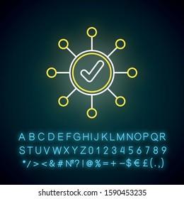 Survey mark neon light icon. Correct answer. Right checkmark. Approve mark, agree tick. Molecular structure system. Glowing sign with alphabet, numbers and symbols. Vector isolated illustration