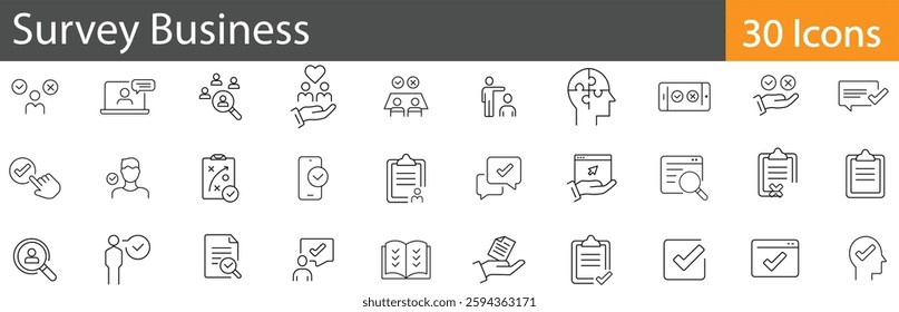 Survey and Market Research Line Icons Set. Collection of 30 outline icons related to surveys, feedback, data analysis, customer reviews, and business research. Editable stroke vector illustration. 