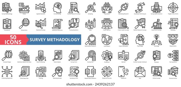 Survey methodology icon collection set. Containing study, data collection, statistics, information, question, research, analysis icon. Simple line vector illustration.