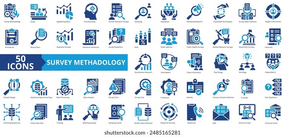 Survey methodology icon collection set. Containing study, data collection, statistics, information, question, research, analysis icon. Simple flat vector illustration.