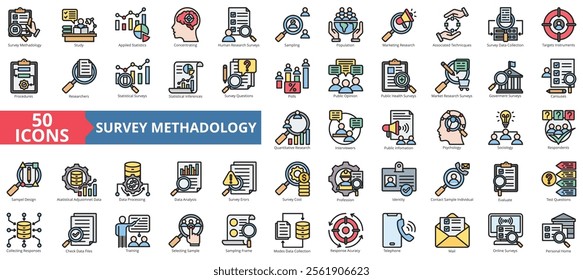 Survey methodology icon collection set. Containing study, data collection, statistics, information, question, research, analysis icon. Simple flat outline vector illustration