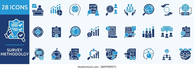 survey methodology
- Icon Collection. Thin glyph blue Set contains such Icons as study, statistic, concentrating, human resources survey, sampling, population and more. Simple web icons set
