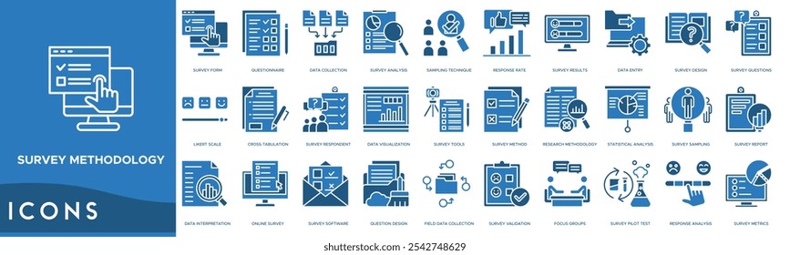 Ícone de metodologia de pesquisa. Formulário de pesquisa, questionário, coleta de dados, análise de pesquisa e técnica de amostragem
