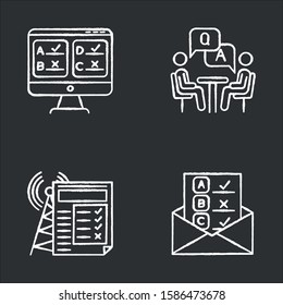 Survey methods chalk icons set. Online, email, internet connection poll. Interview. Public opinion. Customer review. Feedback. Data collection. Isolated vector chalkboard illustrations