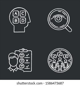 Survey methods chalk icons set. Analysis. Interview. Emotional opinion. Target population. Public opinion. Personality test. Customer review. Feedback. Isolated vector chalkboard illustrations