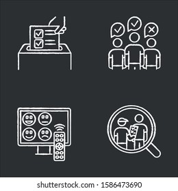 Survey Methods Chalk Icons Set. Anonymous Poll, TV Channel Rating. Focus Group. Interview. Public Opinion. Customer Review. Feedback. Data Collection. Isolated Vector Chalkboard Illustrations