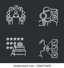 Survey methods chalk icons set. Group administered questionnaire. High rating. Public opinion. Customer audio review. Event evaluation, expert survey. Isolated vector chalkboard illustrations