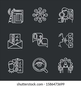 Survey methods chalk icons set. Chemical analysis. Email, internet connection poll. Public opinion. Customer satisfaction. Feedback. Data collection. Sociology. Isolated vector chalkboard illustration