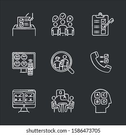 Survey methods chalk icons set. Telephone, online poll. Rating. Interview. Public opinion. Customer satisfaction, review. Feedback. Data collection. Sociology. Isolated vector chalkboard illustrations