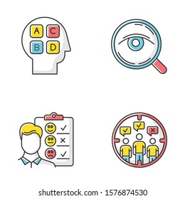 Survey methods color icons set. Analysis. Interview. Emotional opinion. Target population. Public opinion. Personality test. Customer review. Feedback. Sociology. Isolated vector illustrations