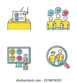 Survey Methods Color Icons Set. Anonymous Poll, TV Channel Rating. Focus Group. Interview. Public Opinion. Customer Review. Feedback. Data Collection. Sociology. Isolated Vector Illustrations