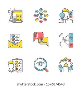 Survey methods color icons set. Chemical analysis. Email, internet connection poll. Public opinion. Customer satisfaction. Feedback. Data collection. Sociology. Isolated vector illustrations
