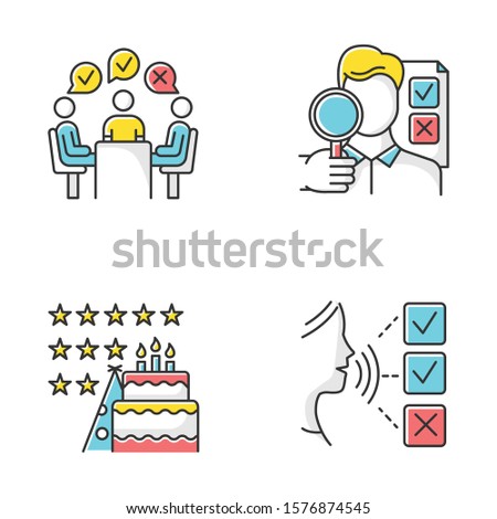 Survey methods color icons set. Group administered questionnaire. High rating. Testimonial. Public opinion. Customer audio review. Event evaluation, expert survey. Isolated vector illustration
