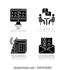 Survey methods drop shadow black glyph icons set. Online, email, internet connection poll. Interview. Public opinion. Customer review. Feedback. Data collection. Isolated vector illustrations