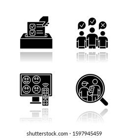 Survey Methods Drop Shadow Black Glyph Icons Set. Anonymous Poll, TV Channel Rating. Focus Group. Interview. Public Opinion. Customer Review. Feedback. Data Collection. Isolated Vector Illustrations