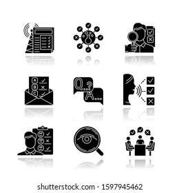 Survey methods drop shadow black glyph icons set. Chemical analysis. Email, internet connection poll. Public opinion. Customer satisfaction. Feedback. Data collection. Isolated vector illustrations