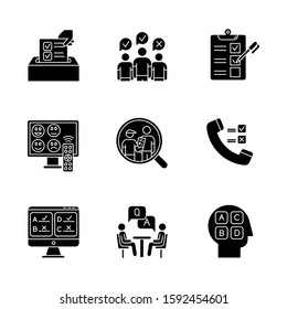 Survey methods glyph icons set. Telephone, online poll. Rating. Interview. Public opinion. Customer satisfaction, review. Feedback. Evaluation. Silhouette symbols. Vector isolated illustration