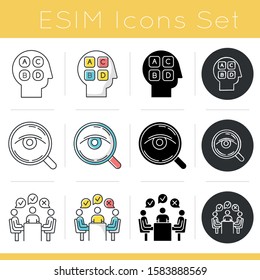 Survey methods icons set. Analysis. Interview. Group administered questionnaire. Personality test. Feedback. Sociology. Glyph design, linear, chalk and color styles. Isolated vector illustrations