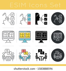 Survey methods icons set. Customer audio review. Interview. Online poll. Feedback. Evaluation. Data collection. Sociology. Glyph design, linear, chalk and color styles. Isolated vector illustrations