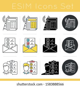 Survey methods icons set. Email, internet connection poll. Interview. Emotional opinion. Customer review. Feedback. Glyph design, linear, chalk and color styles. Isolated vector illustrations