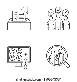 Survey Methods Linear Icons Set. Anonymous Poll, TV Channel Rating. Focus Group. Interview. Opinion. Customer Review. Thin Line Contour Symbols. Isolated Vector Outline Illustrations. Editable Stroke