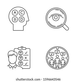 Survey methods linear icons set. Analysis. Interview. Target population. Public opinion. Personality test. Review. Thin line contour symbols. Isolated vector outline illustrations. Editable stroke