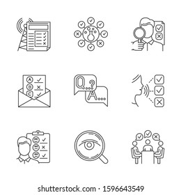 Survey methods linear icons set. Chemical analysis. Email, internet connection poll. Customer satisfaction. Feedback. Thin line contour symbols. Isolated vector outline illustrations. Editable stroke