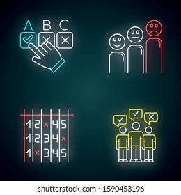 Survey neon light icons set. Choosing correct option. Customer satisfaction level. Emoticons. Select number. Checklist. Mass poll. Public opinion. Vote. Glowing signs. Vector isolated illustrations
