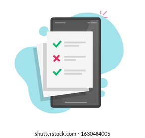 Survey online form or exam document and test quiz checklist results on mobile phone or smartphone vector flat cartoon, electronic questionnaire, education check list paper doc pile icon modern design