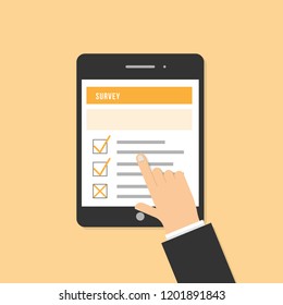 Survey online on application feedback customer client digital screen touch finger device technology smart list checklist flat sign rating research internet checkbox question icon finger touch tick 