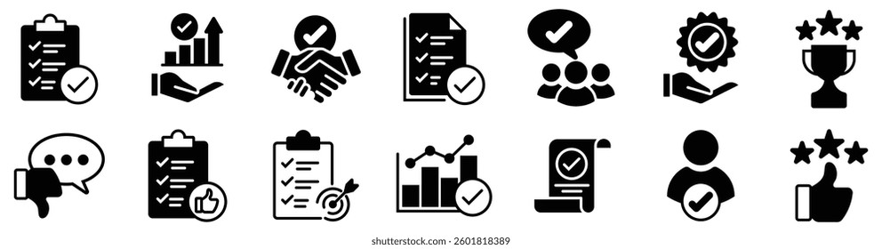 Survey, opinion, service, testimonial, quality, inspection, evaluation, and life events results thin line icon set. Containing feedback, rating, satisfaction, experience, review, positive, good, bad 