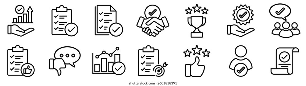 Survey, opinion, service, testimonial, quality, inspection, evaluation, and life events results thin line icon set. Containing feedback, rating, satisfaction, experience, review, positive, good, bad 