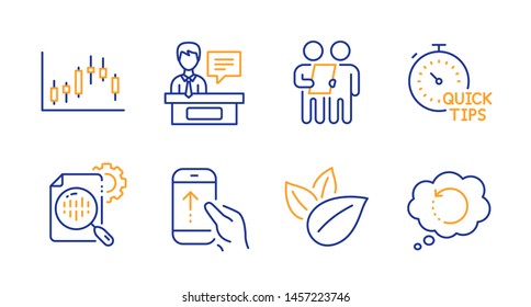 Survey, Organic product and Seo stats line icons set. Swipe up, Exhibitors and Candlestick graph signs. Quick tips, Recovery data symbols. Contract, Leaves. Science set. Line survey icon. Vector
