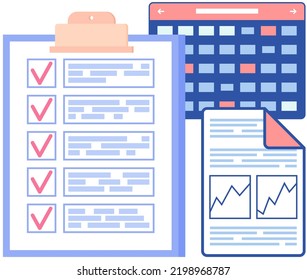 Survey, paper checklist, paperwork with data on clipboard, calendar. Working with information, analytics. Sheet of paper, document, checklist surrounded by check marks. To do list, timetable