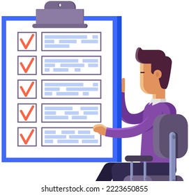 Survey, paper checklist, paperwork, man pointing with hand to data on clipboard. Working with information, analytics. Sheet of paper, document, checklist with check marks. To do list on tablet