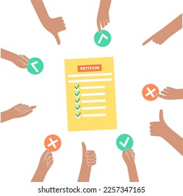Konzept des Survey-Verfahrens. Hände mit ja oder nein Zeichen. Dokument mit Anforderungen. Konzept der öffentlichen Stimmenauszählung. Petition oder Antrag an den Regierungsbeamten oder öffentlichen Körperschaften, Vektorgrafik.