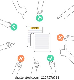 Survey procedure concept. Hands with yes or no marks. Document with requirements. Public counting of votes concept. Petition or request to the government official or public entity vector illustration.