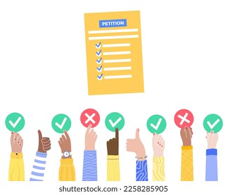 Survey procedure concept. Hands with yes or no marks. Document with requirements. Public counting of votes concept. Petition or request to the government official or public entity vector illustration.