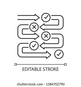 Survey process linear icon. Progress stages. Structure and workflow. Milestones. Correct and incorrect answers. Thin line illustration. Contour symbol. Vector isolated outline drawing. Editable stroke