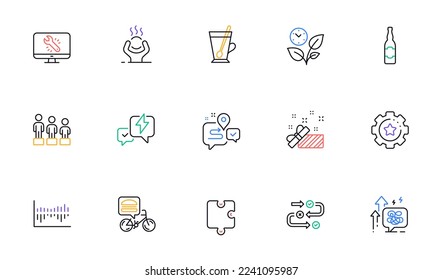 Survey progress, Column diagram and Stress grows line icons for website, printing. Collection of Settings gear, Journey, Lightning bolt icons. Leaves, Equality, Monitor repair web elements. Vector