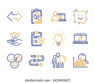 Survey progress, Like and Smile icons simple set. Search people, Laptop repair and Report signs. Privacy policy, Sync and Online education symbols. Light bulb, Consolidation and Search. Vector