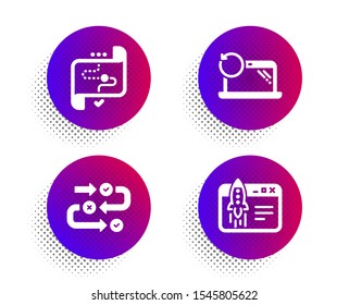 Survey progress, Recovery laptop and Target path icons simple set. Halftone dots button. Start business sign. Algorithm, Backup data, Business aim. Launch idea. Technology set. Vector