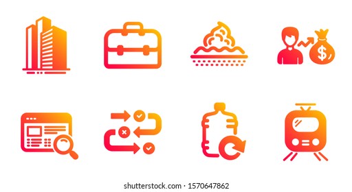 Survey progress, Skyscraper buildings and Website search line icons set. Refill water, Portfolio and Sallary signs. Skin care, Train symbols. Algorithm, Town architecture. Business set. Vector