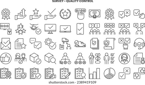 Survey and quality control with check, testing, inspect and certificate icon set.