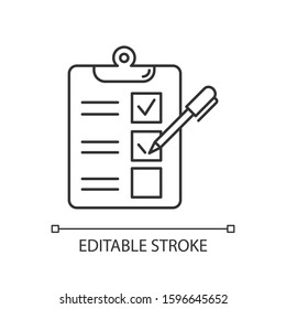 Survey questionnaire form linear icon. Checklist. Customer service rating, review. Feedback. Social research. Thin line illustration. Contour symbol. Vector isolated outline drawing. Editable stroke